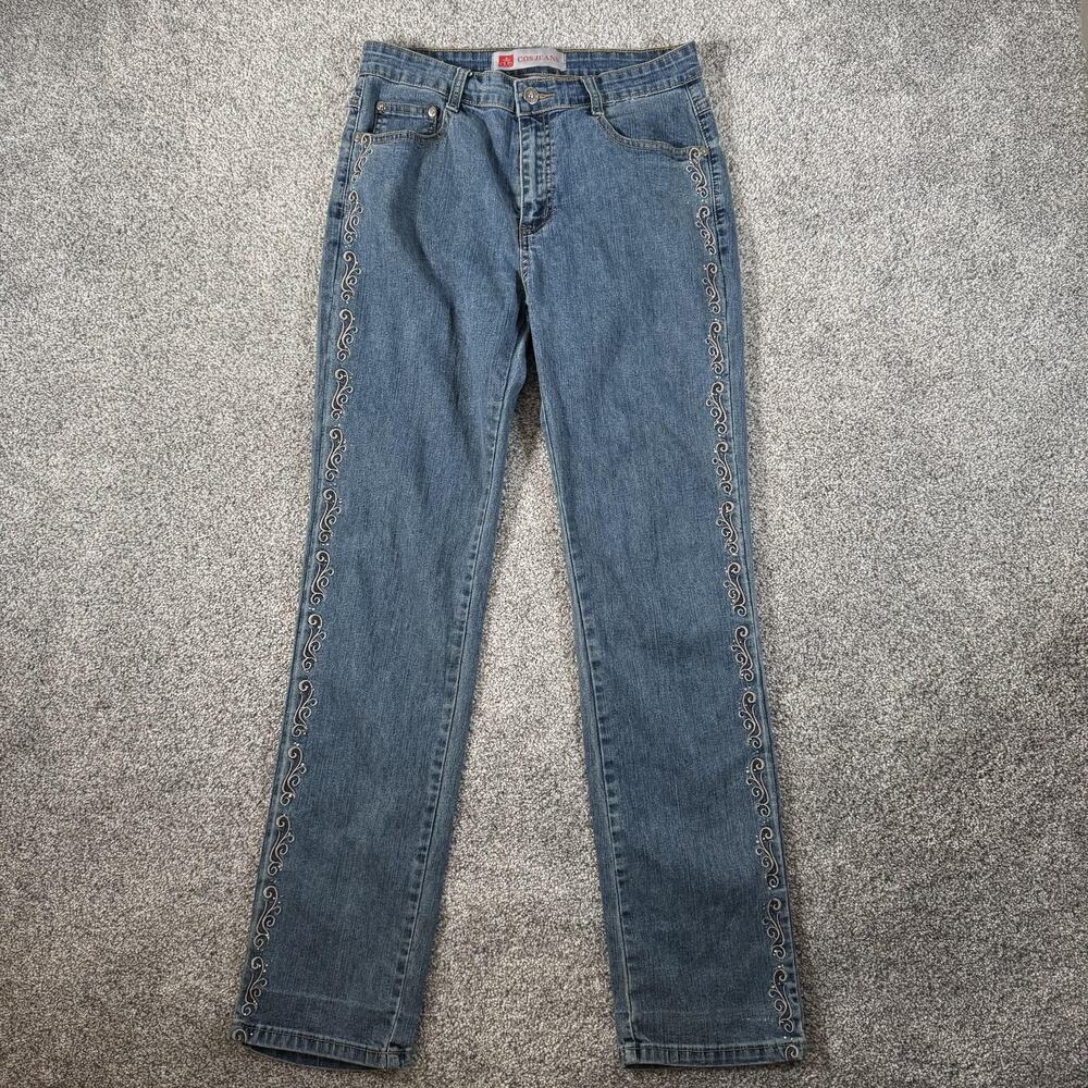 COS Jeans Jeans Womens 8 Blue Denim Straight Leg Embroidered Side Trim Studded